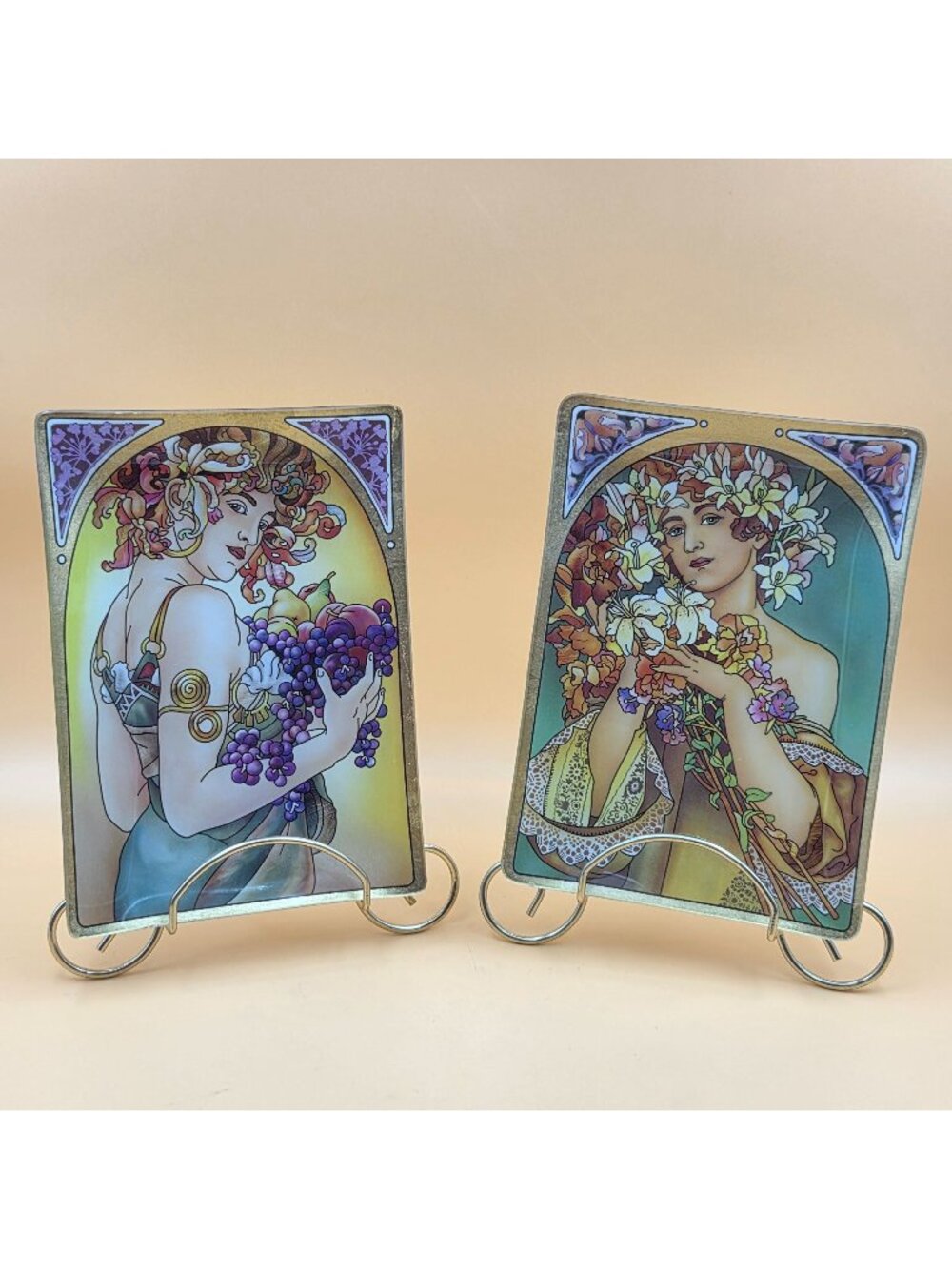 Amia Studios Alphonse Mucha Fruit Flower Art Nouveau Glass Plates Set of 2